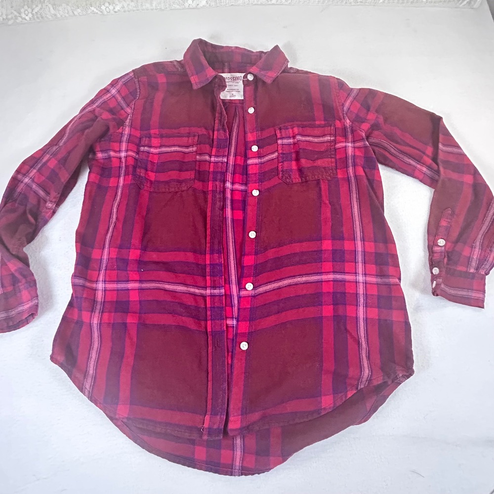 Mossimo Womens Red Purple Plaid Flannel Shirt Boyfriend‎ Fit Size M Long Sleeve